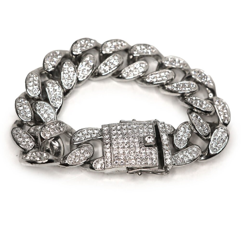 Chunky Iced Out Cuban Link Bracelet Silver Tone Rhinestone Hip Hop Bling Jewelry